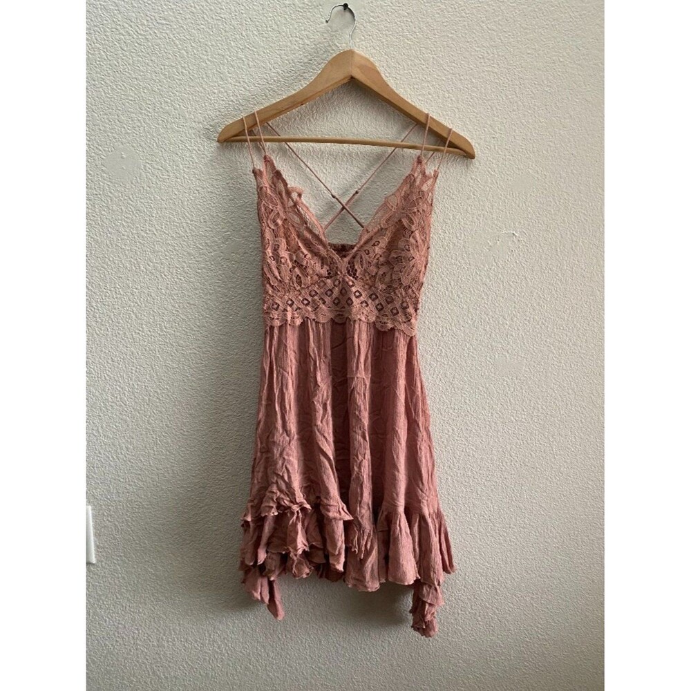 Free People One Adella Lace Strappy Dress Rose MSRP $88 Hippie Boho